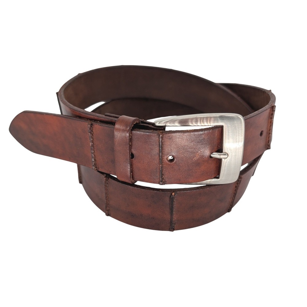 Cole Haan Belt‎ Mens 38 Brown Italian Handcrafted Leather Paneled Silver Buckle